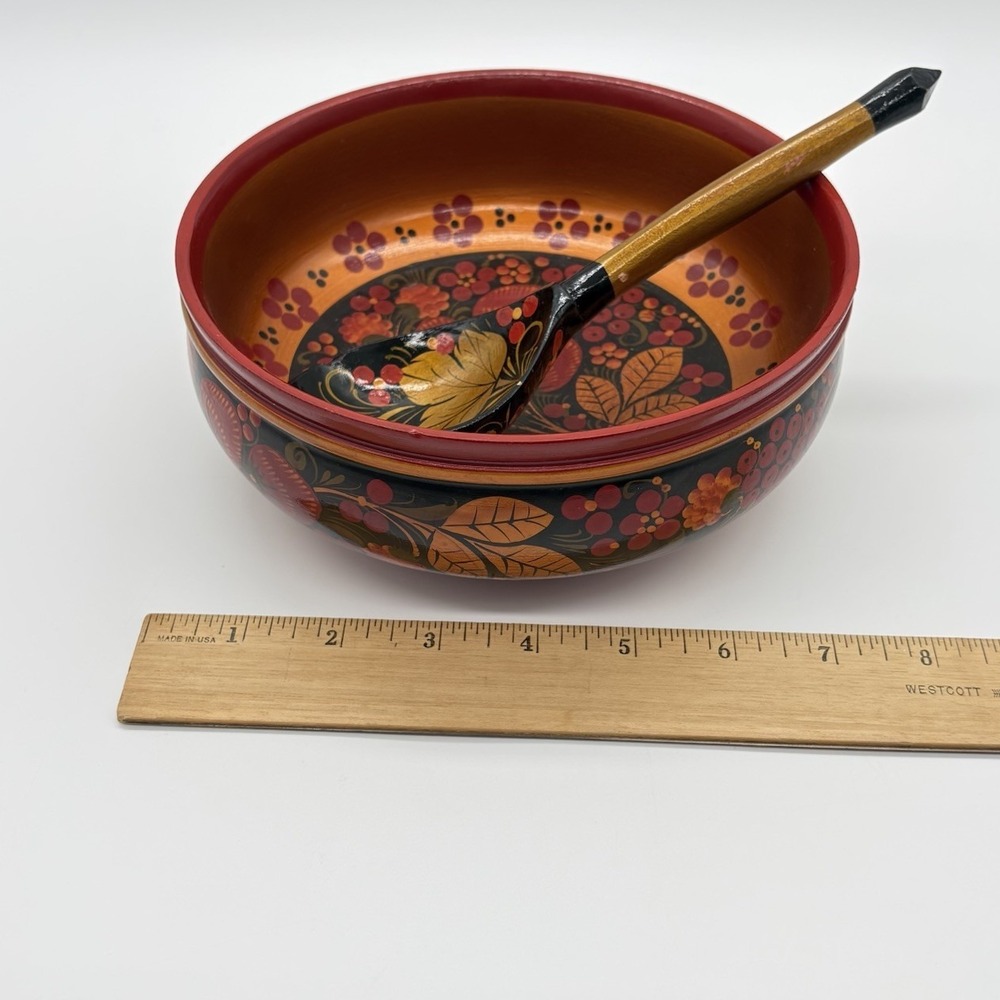 Russian Art Khokhloma Wooden Bowl Matching Spoon Traditional Floral Berry Design - Picture 14 of 16